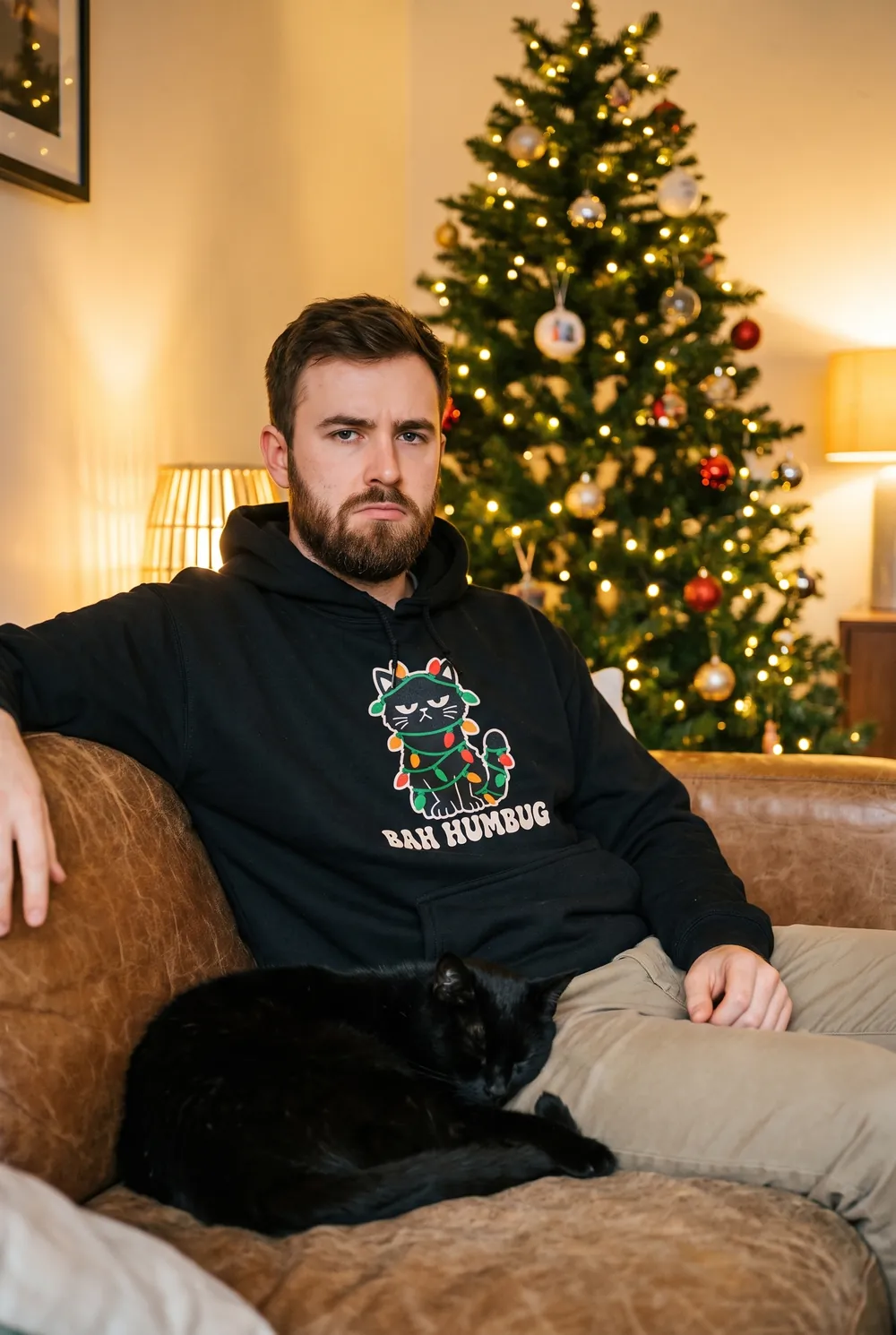 BAH HUMBUG yazılı yılbaşı ışıklarına dolanmış kedi baskılı siyah hoodie giyen erkek, yanında siyah kedi