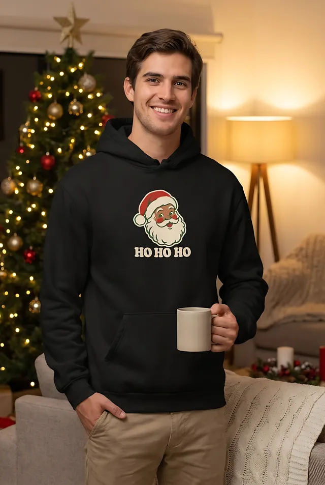 HO HO HO yazılı retro Noel Baba baskılı siyah hoodie giyen genç adam, elinde kupa